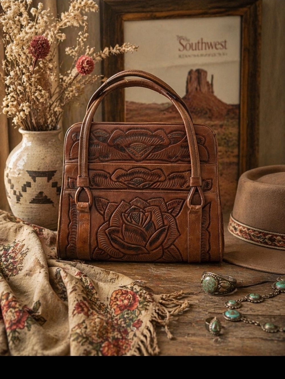 Brown Embossed Boho Vintage Leather Handbag Purse